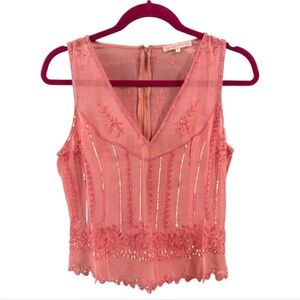 NWT Gold Hawk Salmon Pink Embroidered V-Neck Beaded Blouse Tank Size Large